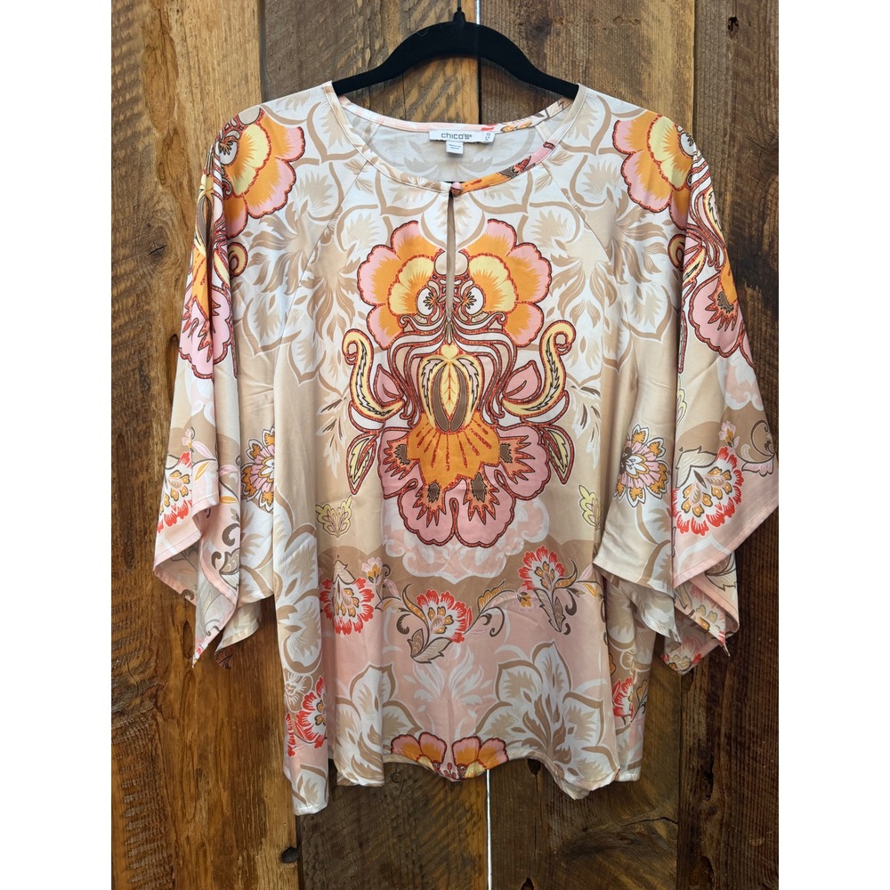 Chicos Floral Blouse Womens US 10 Kimono Sleeve Boho Cottage Career Romantic